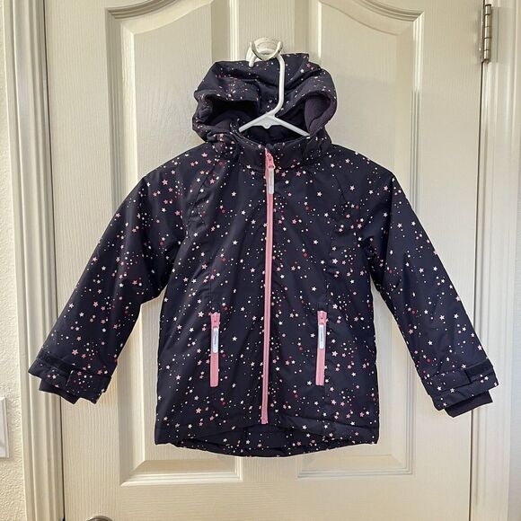 H&M Blue Padded Water Repellent Warm Jacket Pink Stars Hooded Girls Size 5-6